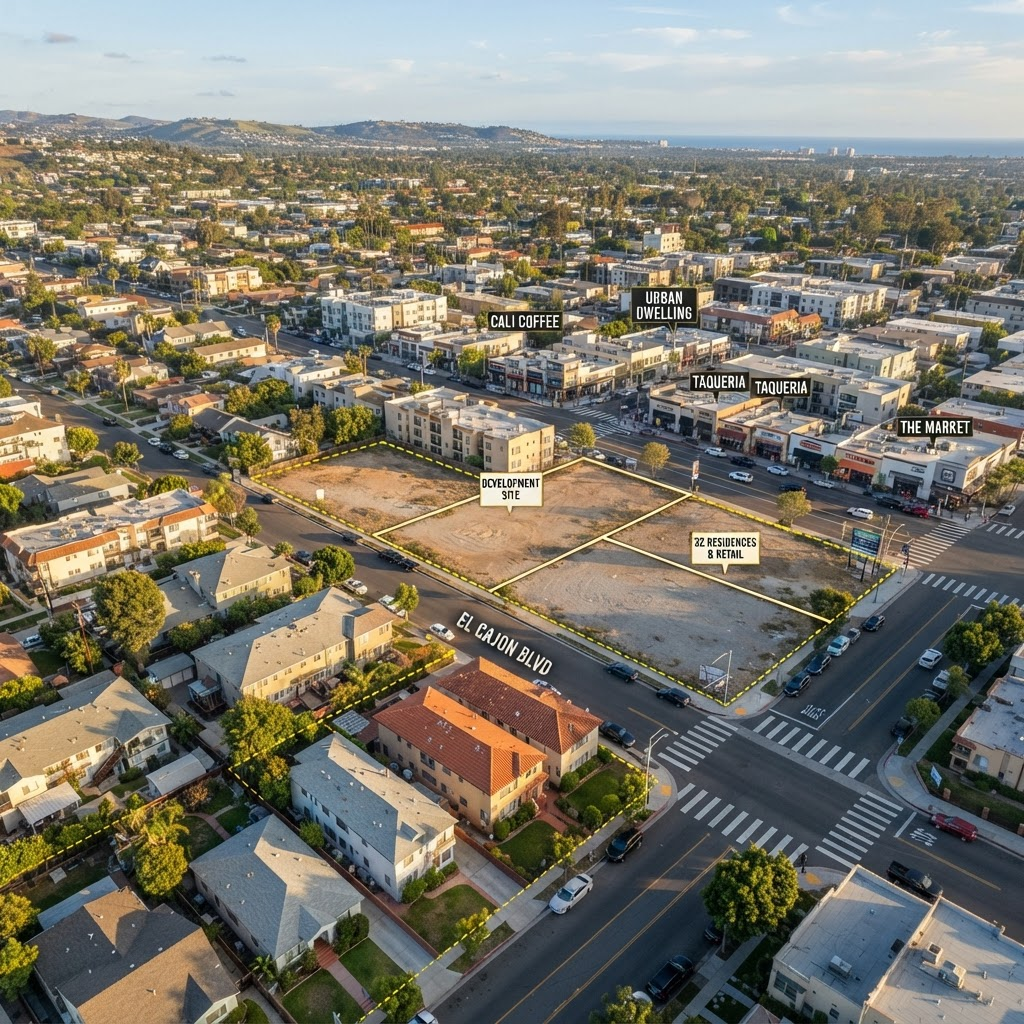 Aerial view of a California urban neighborhood showing land parcels, streets, and mixed-use buildings